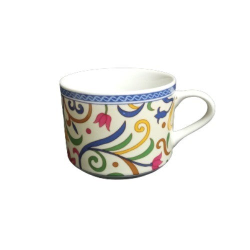 Gibson Designs LYON 6-Cups Coffee Tea Blue Band Multicolor Scrolls Flowers 8 Oz