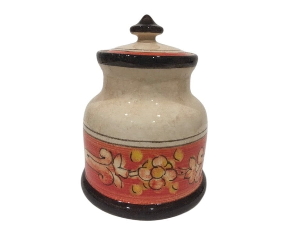 Opera Nova Handcrafted Condiment Jar Red Beige Floral Stoneware w/ Lid 6.5”H