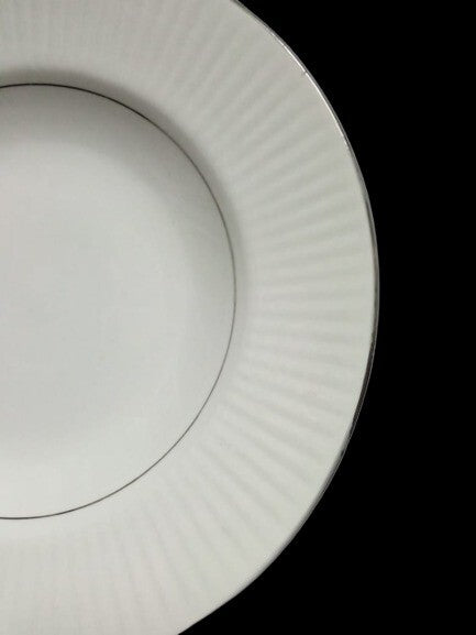 Gibson Designs BLACK TIE 2-Soup Bowls Silver Trim 8 5/8" D Ribbed Border White