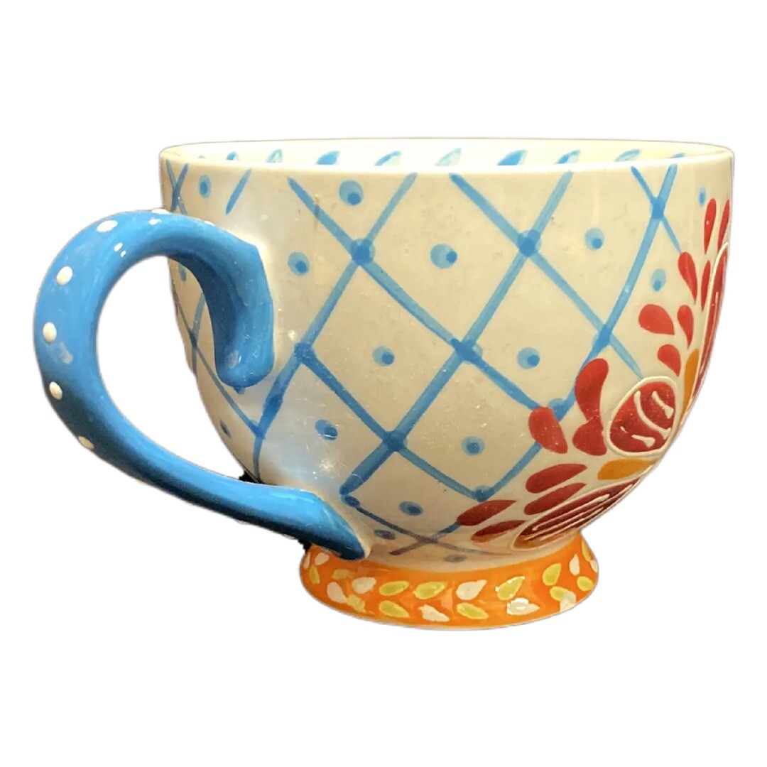 Coastline Imports Artistic Accents Ceramic Floral Coffee Mug Blue Handle Tea Cup