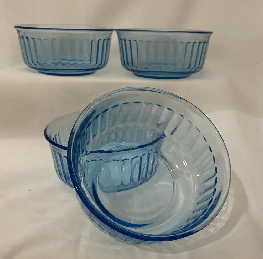 Vintage Fortecrisa Blue Azure Ice Blue 4 Glass Ribbed Bowls Mexico Forte Crisa