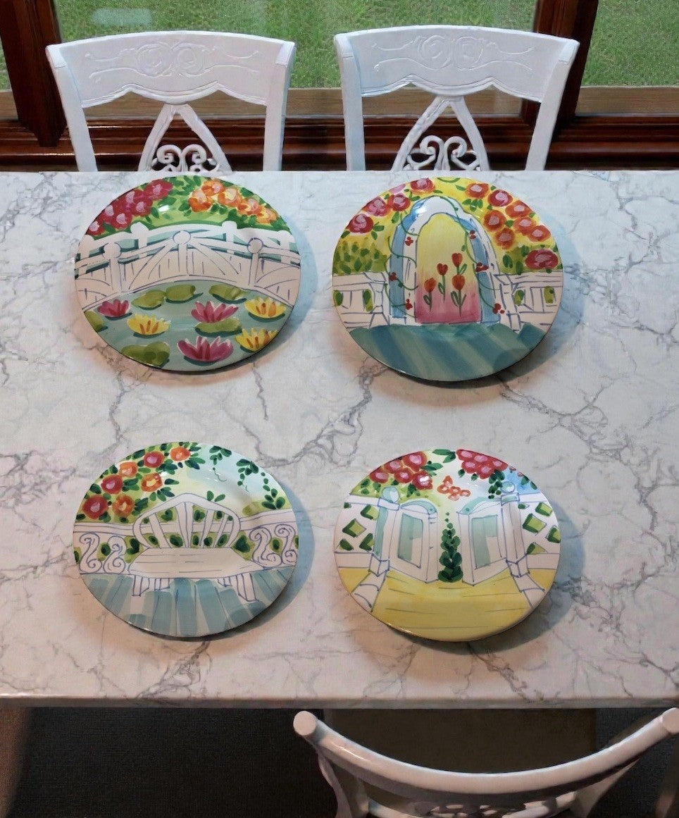 The Cellar Italy Salad Plates Set of 4 Hand Painted Garden Bench Floral 1996