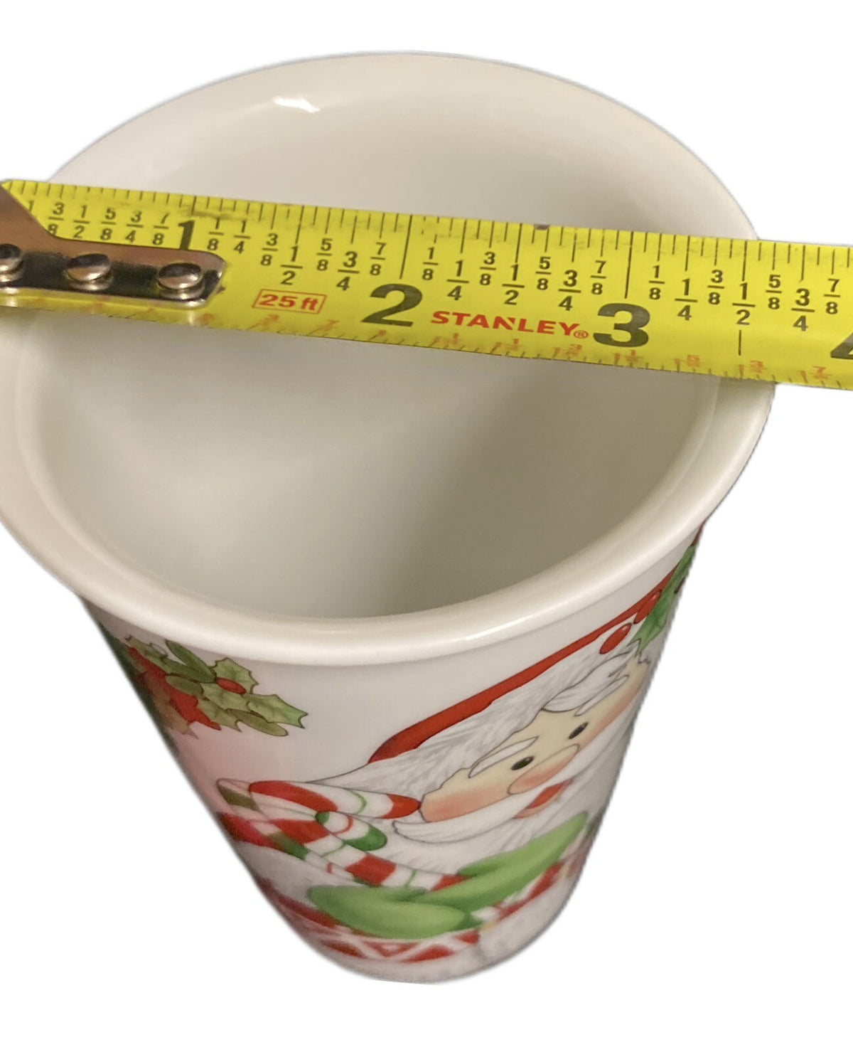 Fitz & Floyd Travel Mug Christmas CANDY CANE SANTA Holly Berry Red Silicone Lid