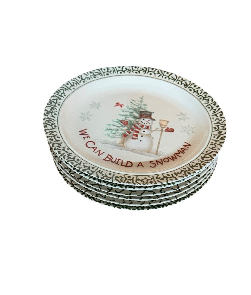 Vintage Christmas We Can Build A Snowman 6- Dinner Plates 1- Serving Platter
