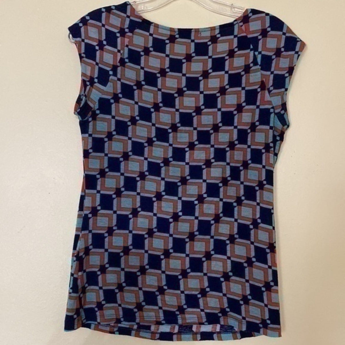 Pleione XS Women’s Blouse Red Blue Geometric Cowl Neck Cap Sleeve Stretch Top