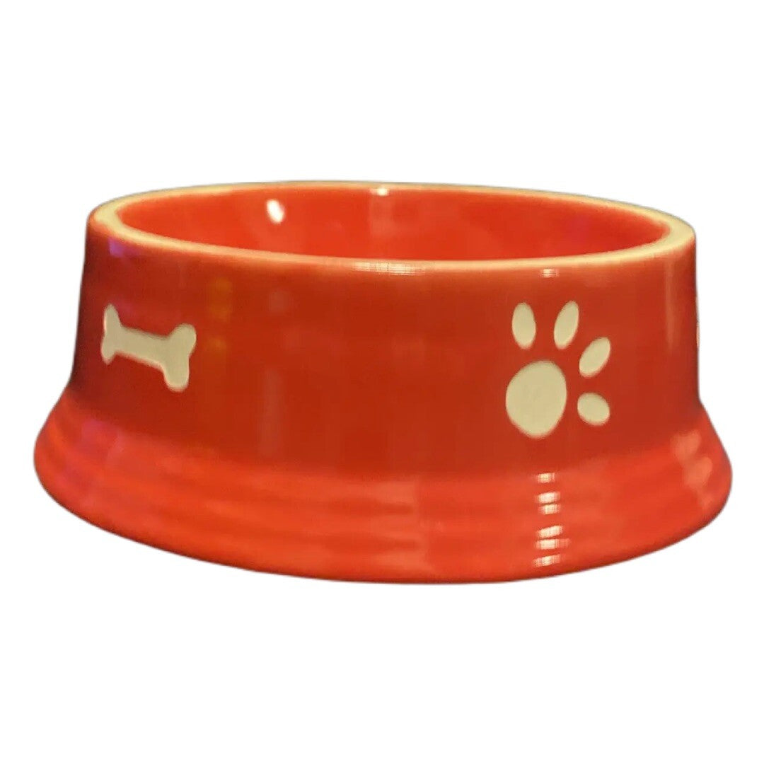 RED and WHITE Dog Bowl Food Water Stoneware Dish White Carved in Bones and Paws