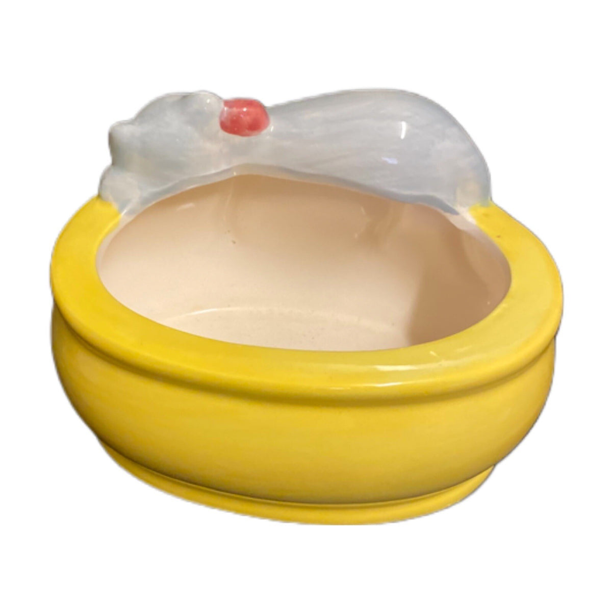 Ceramic Oval Yellow Planter Kitten Sleepy on Edge Cat Bluish Gray Meow Pink Bow