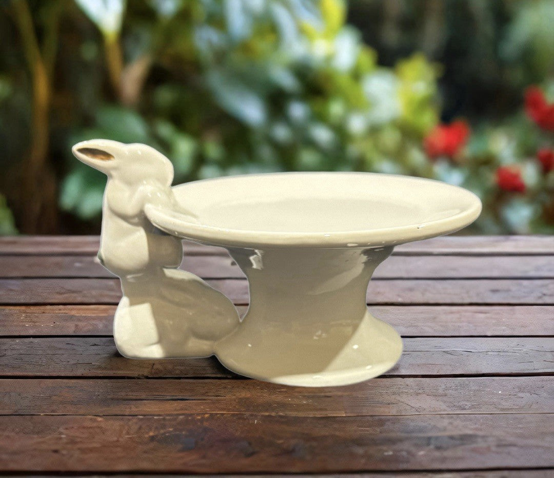 White Ceramic Bunny Pedestal Plate with Gold Ears – Cake Stand or Trinket Dish