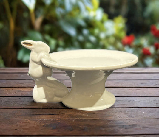 White Ceramic Bunny Pedestal Plate — Gold Ears, Cake Stand/Trinket Dish