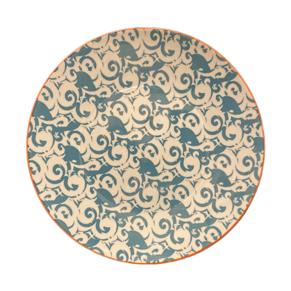 Better Homes & Gardens PIERS TEAL Ceramic Dinner Plates Scrolls Orange Trim