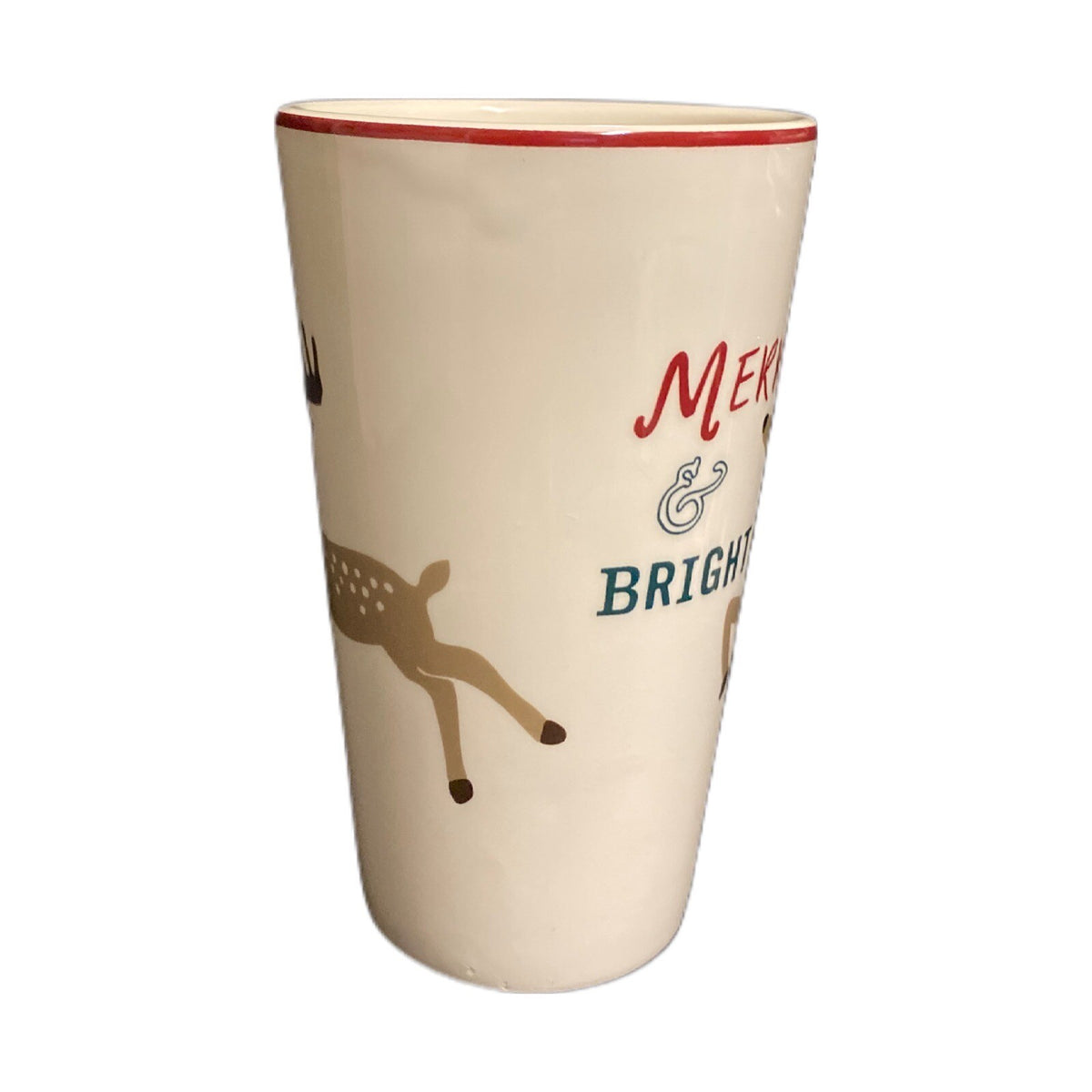 Holiday Home Latte Mug MERRY & BRIGHT Christmas Coffee Tea Reindeer Cup 16 oz.