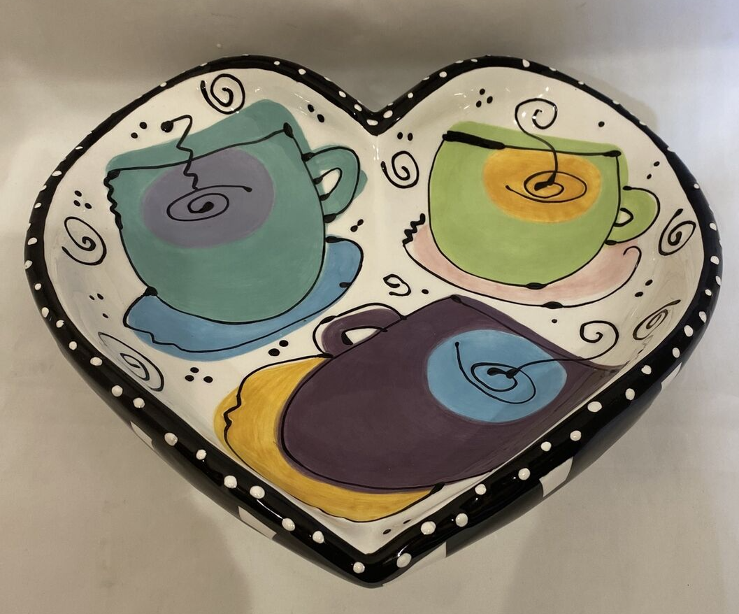 Joanne Delomba W/ Love For Lotus Serving Heart Shaped Dish Black Rim White Dots