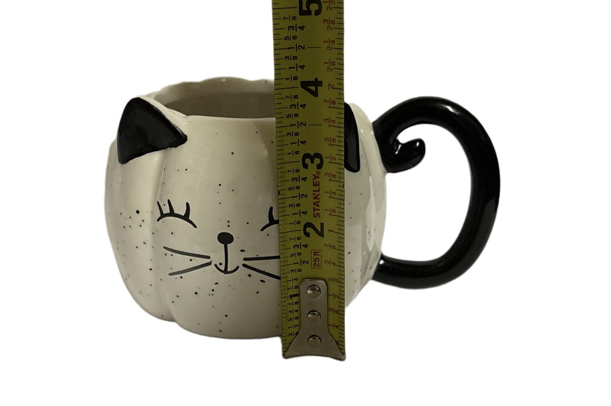 ECCOLO Mug Black & White Speckled Pumpkin Cat Coffee Tea 3D Face & Tail Handle