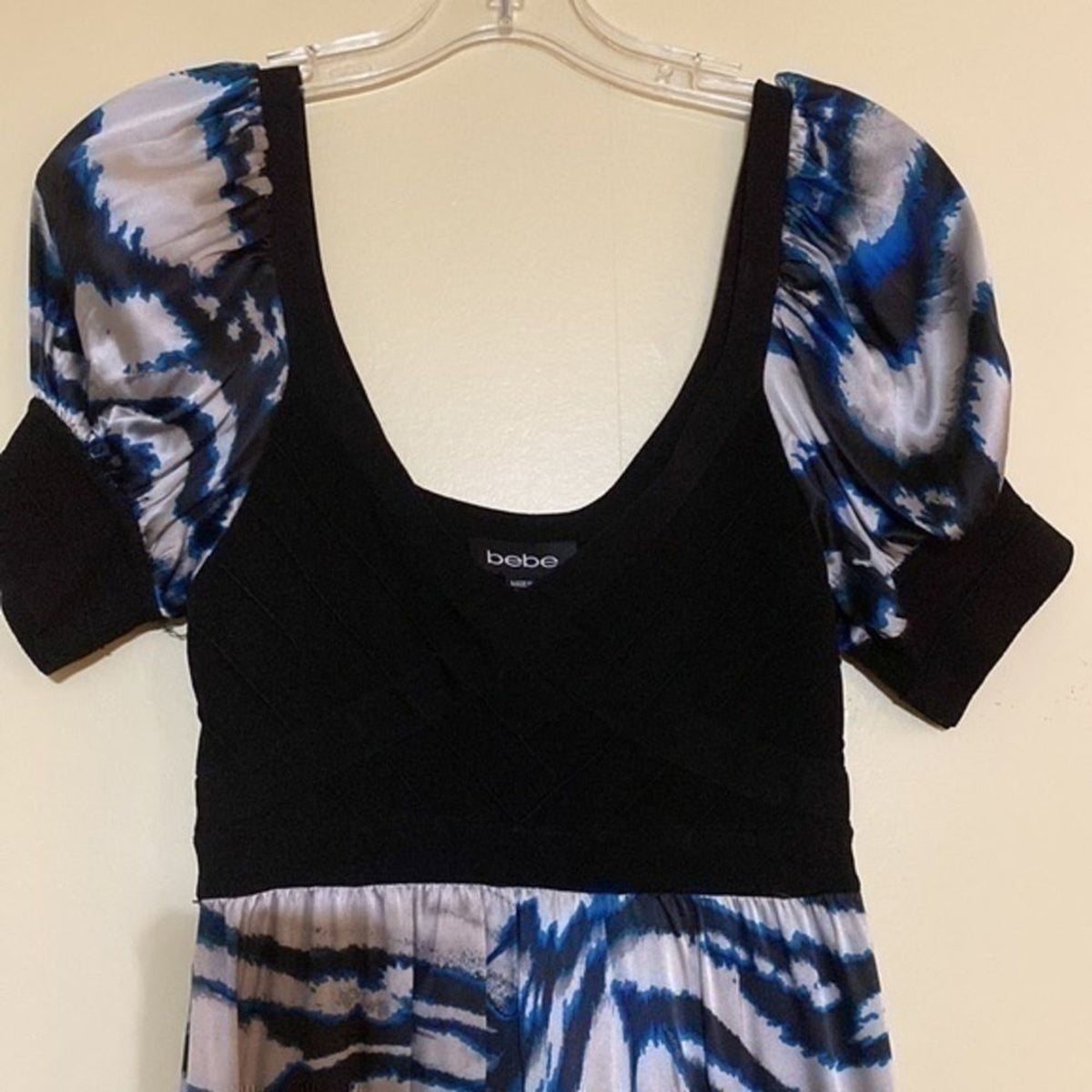 Bebe Puff Sleeve Flare Mini Dress Silk Spandex Small Black Blue 