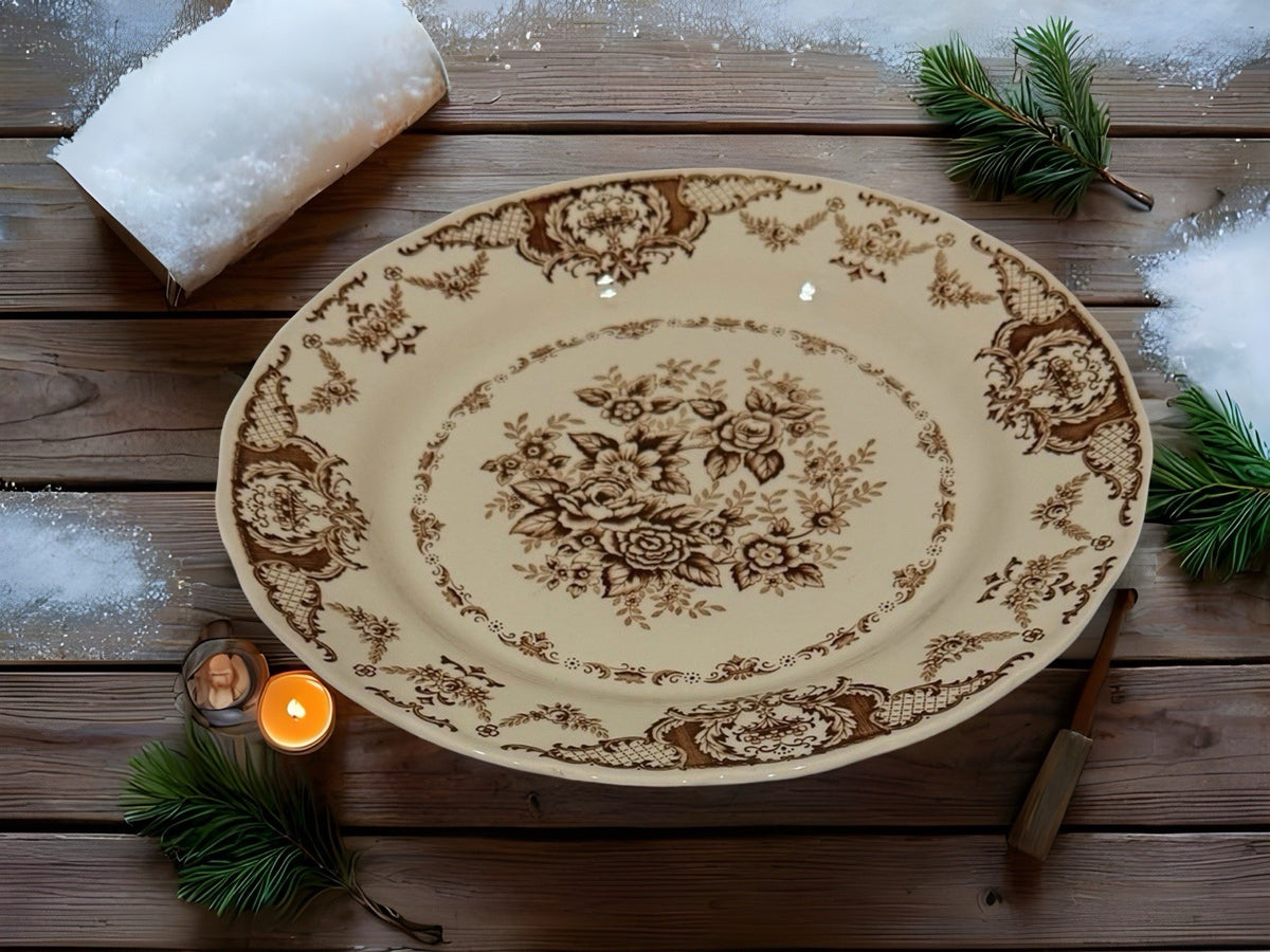 Vintage Nikko Cabbage Rose Floral Platter Japan Brown Shabby Cottage
