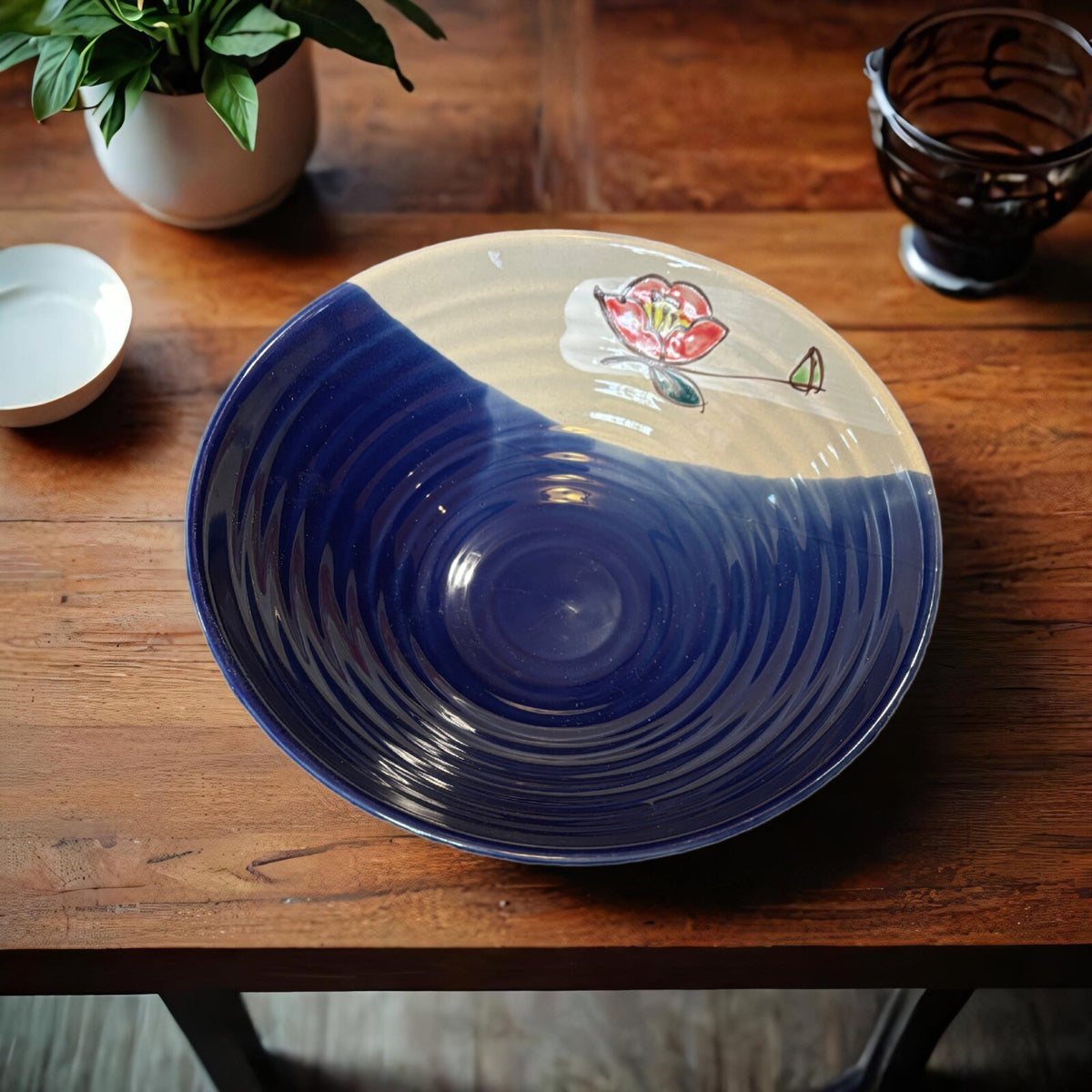 WCL Pottery Serving Bowl Lotus Floral Accent Blue Cream Vegetables Pasta Dish