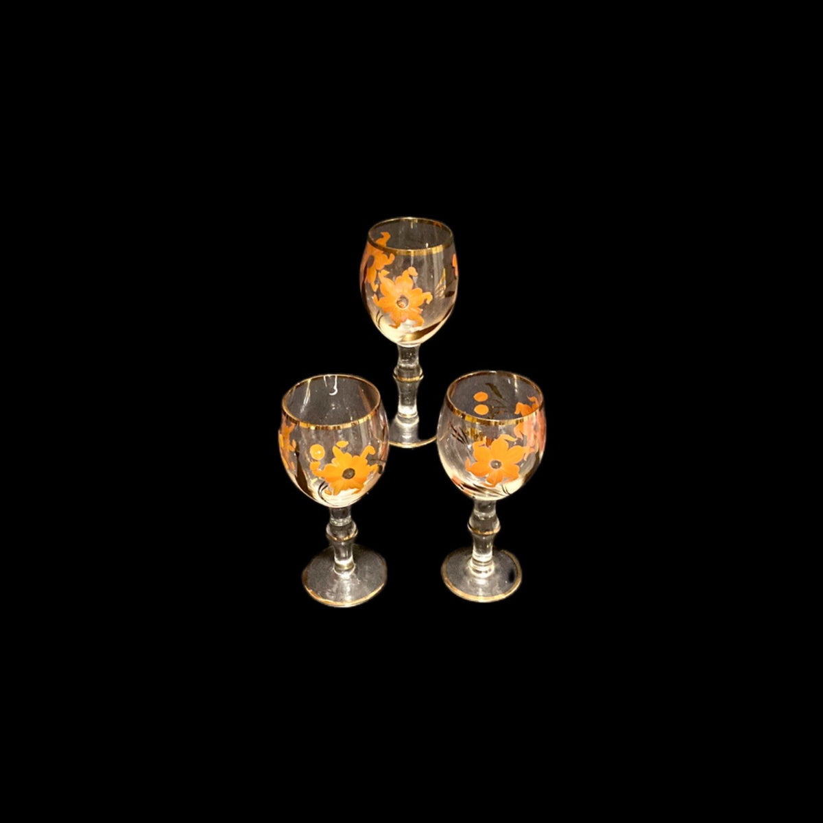 Vtg. Bohemian Romanian Handpainted 3 Floral Gold Trim Clear Cocktail Juice Glass