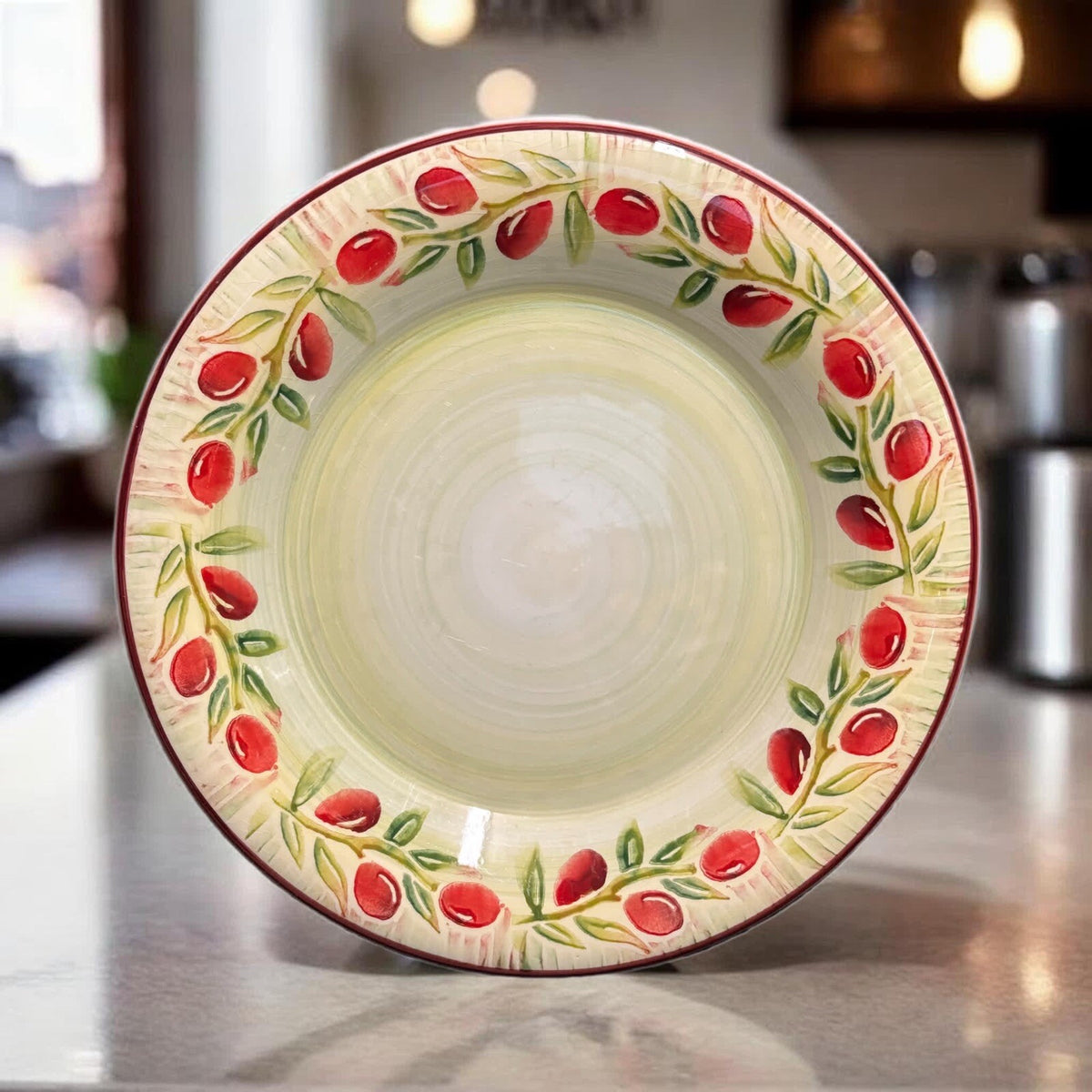 Crate & Barrel JAM 6-Dinner Plates Ceramica Red Olive Italy Dinnerware