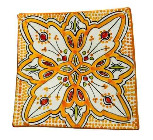 Handmade Moroccan Orange Pottery 4-Plates 6.5” D Square Salad Bread Appetizer
