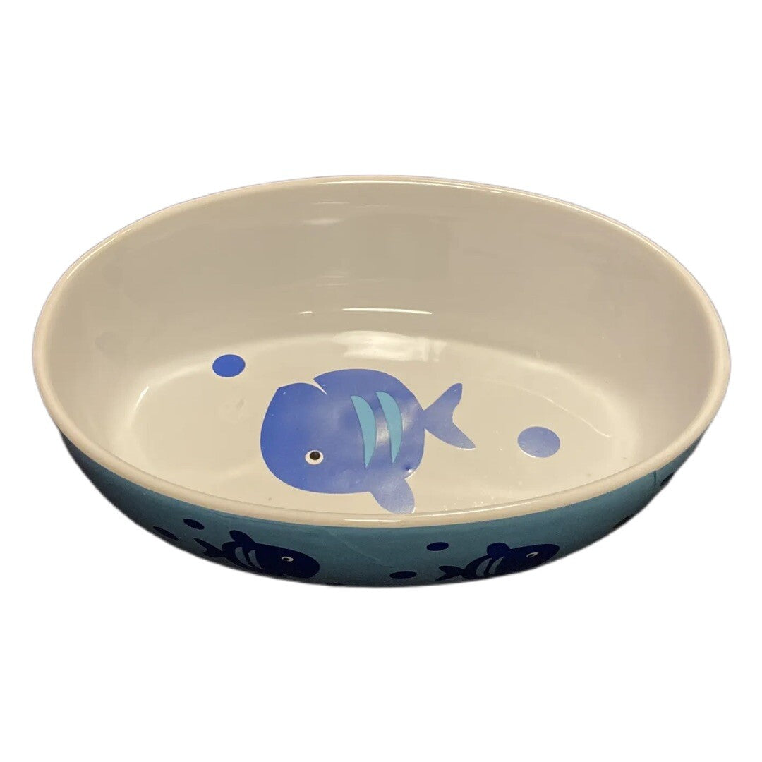 PetRageous Designs Oval Cat Bowl HandCrafted Stoneware Food Water Dish Blue Fish