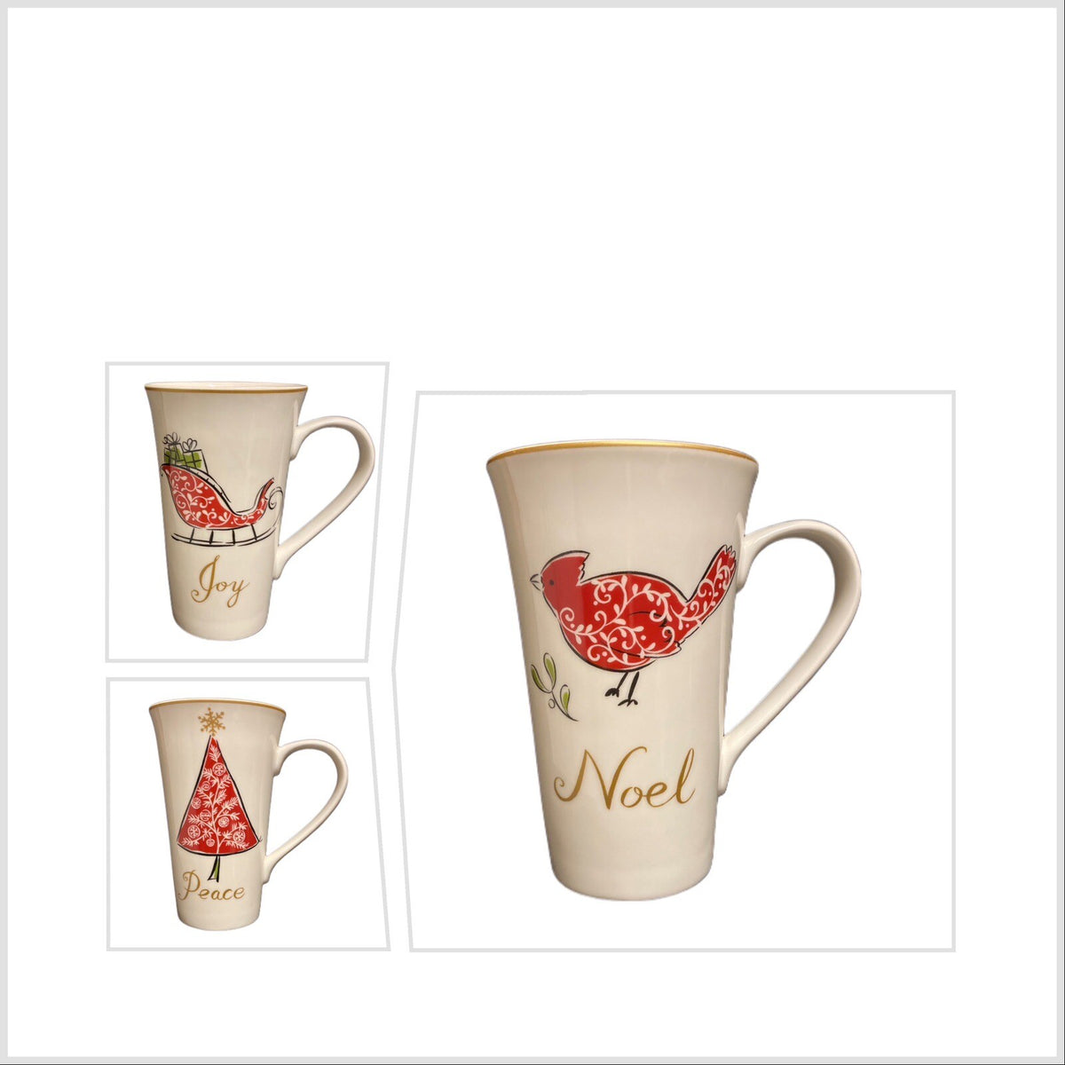222 Fifth NATALA 3-Latte Mug Cardinal Christmas Tree Sleigh Peace Joy Noel Gold