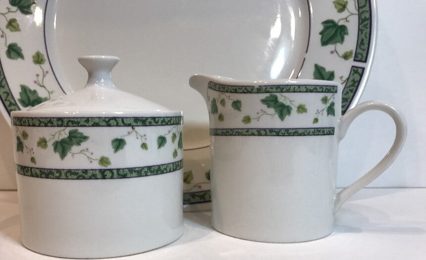 Sango IVY CHARM Chop Plate, Creamer, Sugar Bowl & Lid Service Set 8854 Oven Safe
