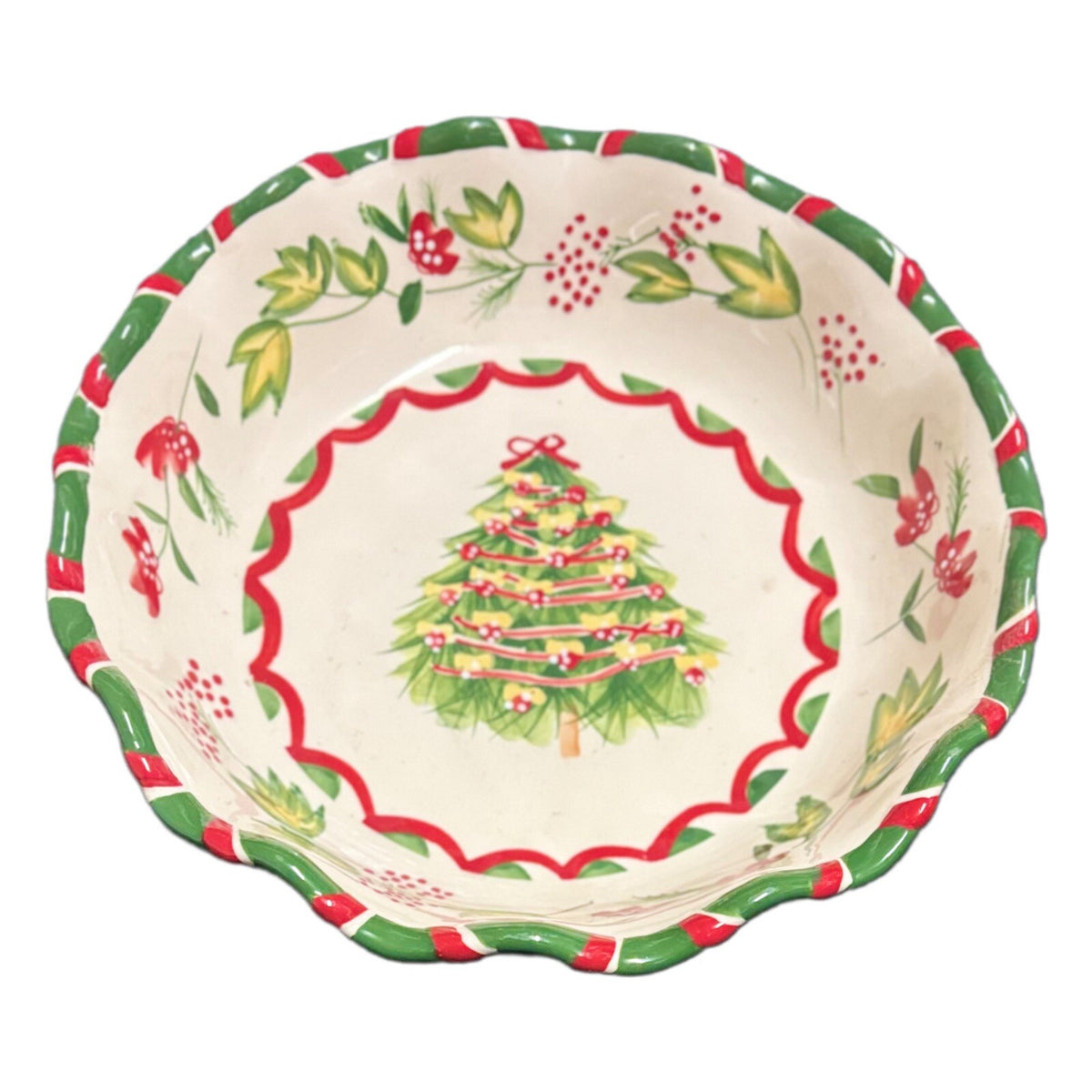 BOSTON WAREHOUSE Serving Bowl Scalloped Christmas Tree Floral Red Green Dish