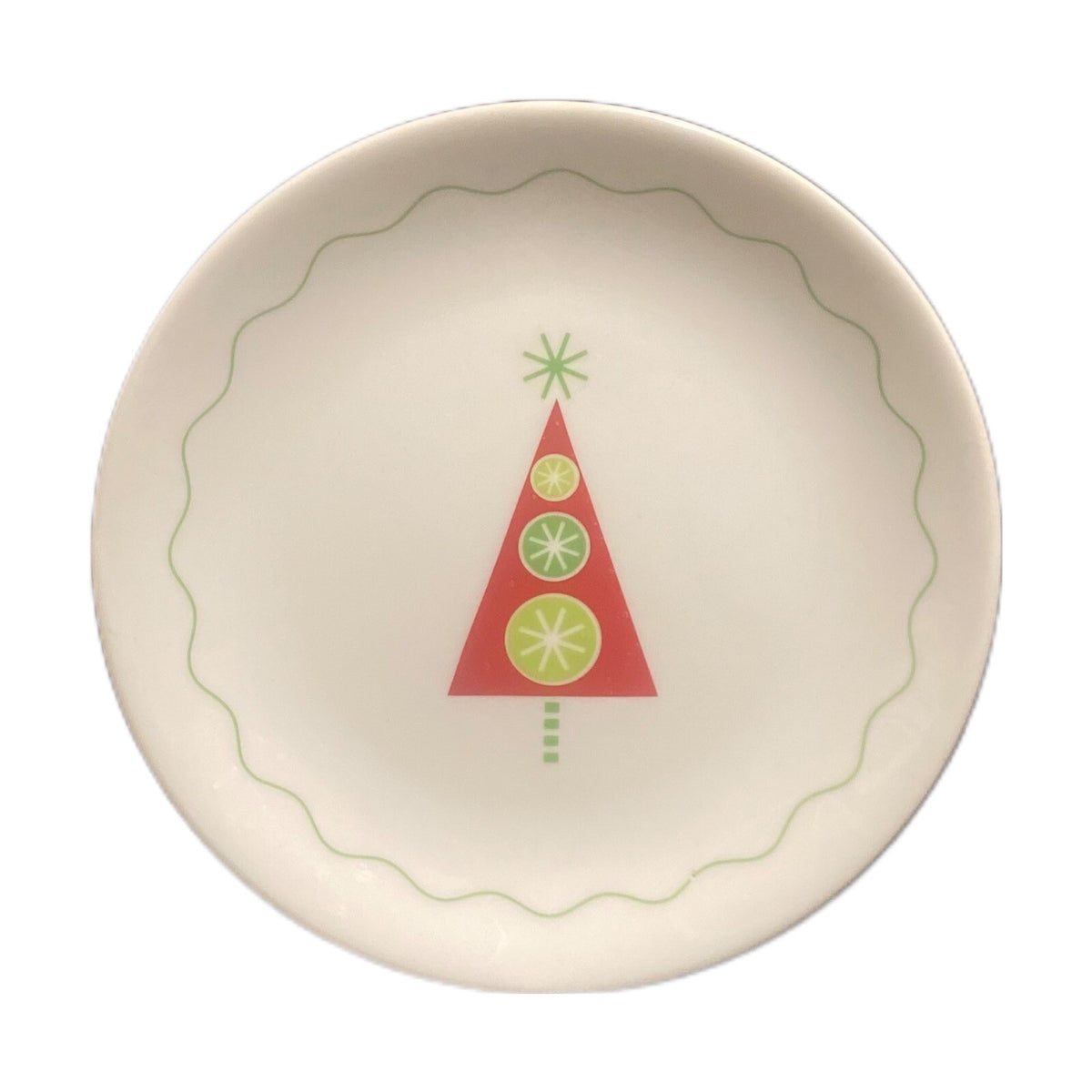 CRATE & BARREL 4 Dessert Plates Whimsical Trees Christmas Appetizer Bread Butter