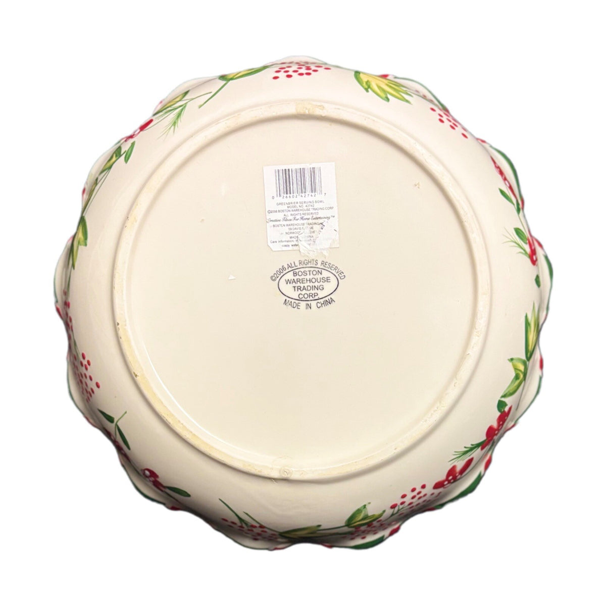 BOSTON WAREHOUSE Serving Bowl Scalloped Christmas Tree Floral Red Green Dish