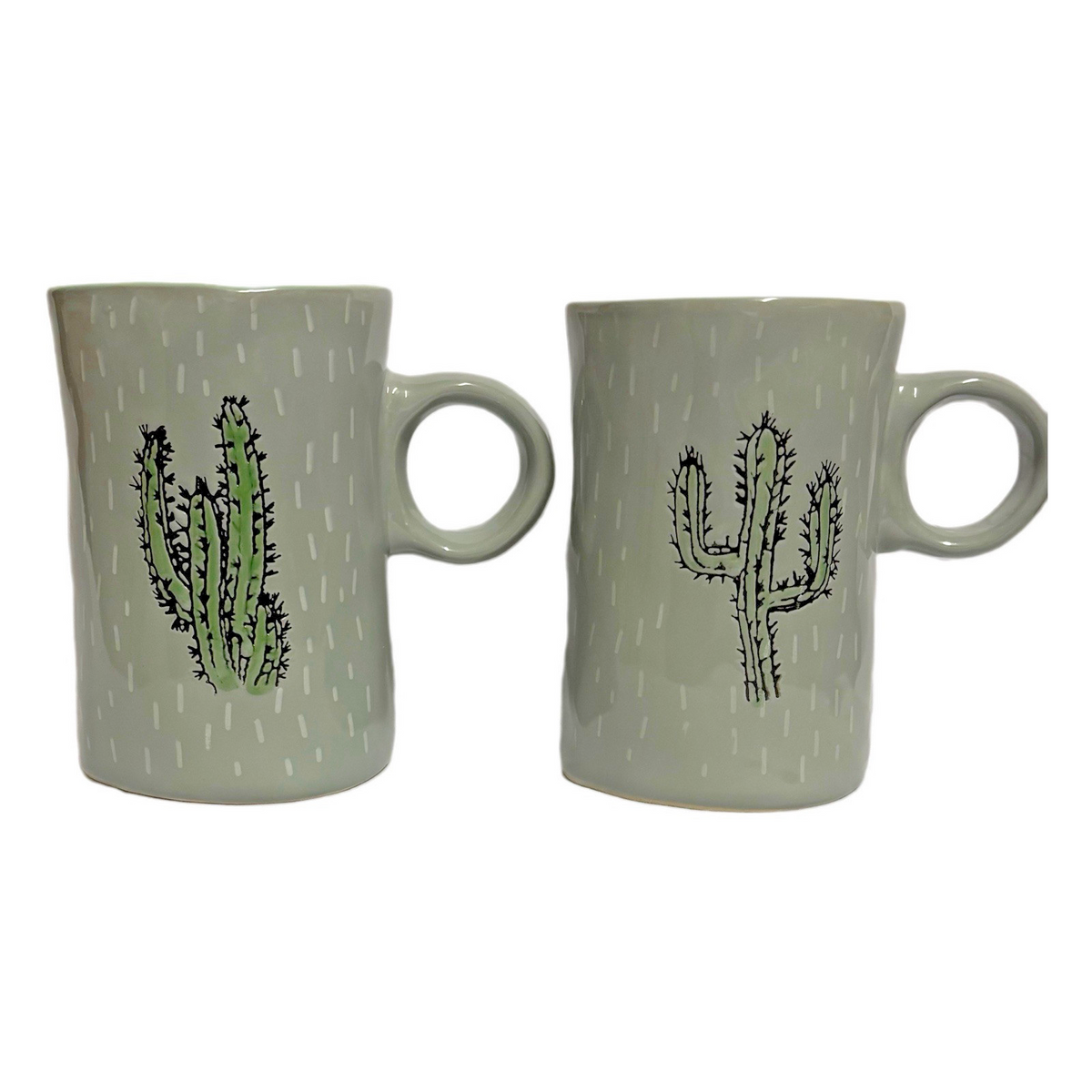 I LOVE IT 2-CACTUS Mugs Green Grey Tea Latte Cup Embossed Prickly Desert Cactus