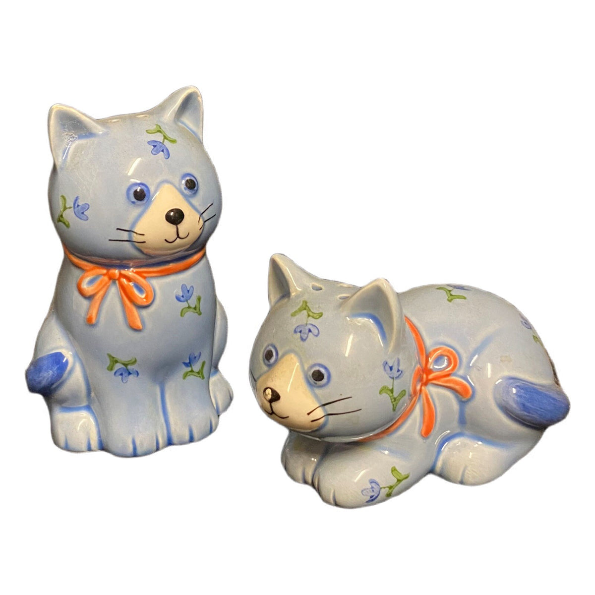Vintage Otagiri Salt & Pepper Shakers Whimsical Blue Cat & Flowers Ceramic Japan