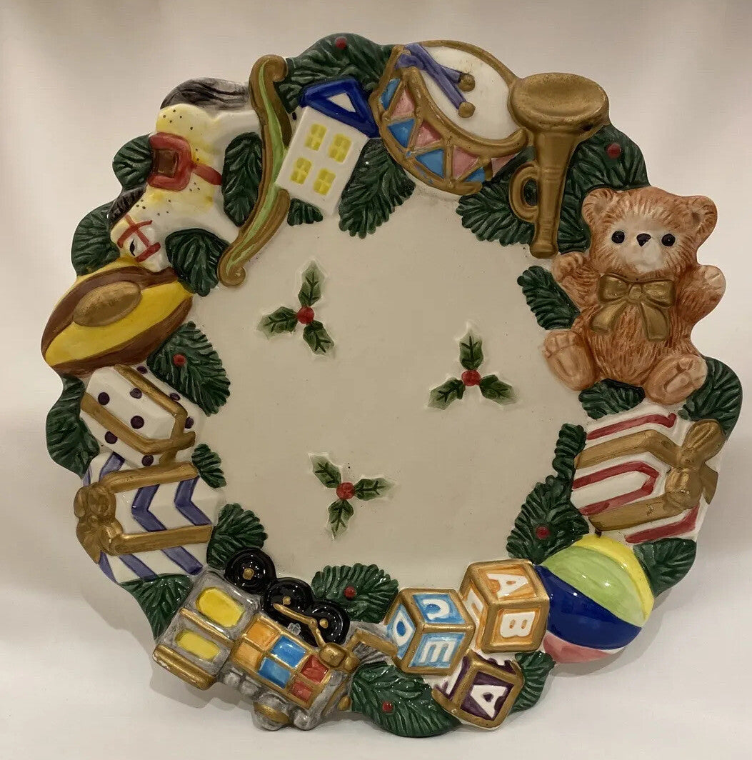 Fitz and Floyd Christmas Decor Plate w/Teddy Bear Toys Trumpet Drums ABC Cubes