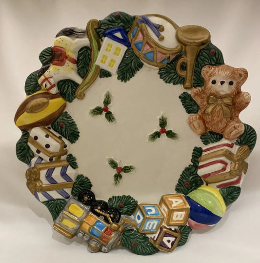 Fitz and Floyd Christmas Decor Plate w/Teddy Bear Toys Trumpet Drums ABC Cubes