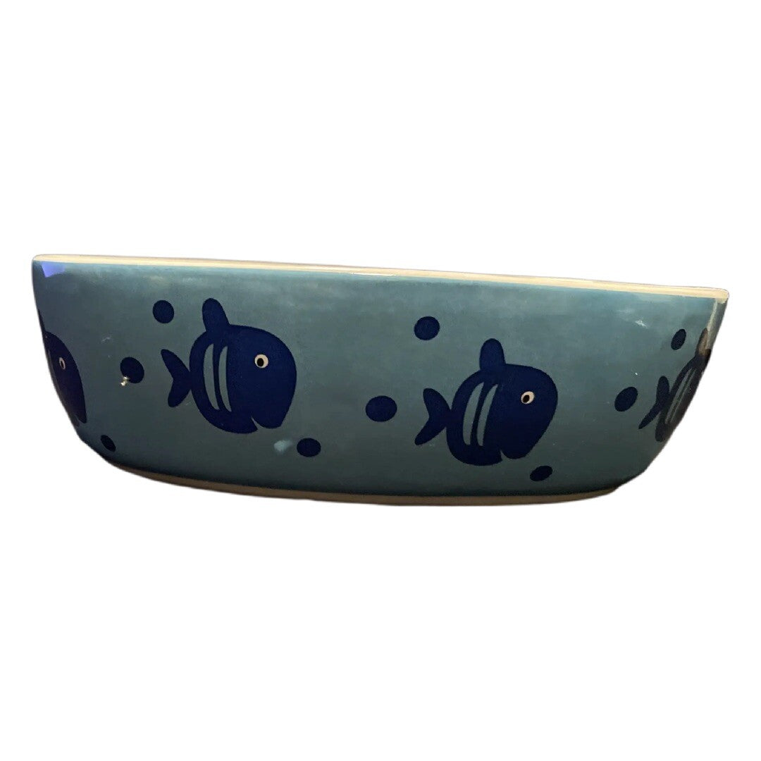 PetRageous Designs Oval Cat Bowl HandCrafted Stoneware Food Water Dish Blue Fish