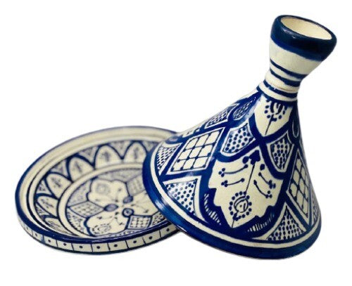 Moroccan Tagine Handcrafted Dome Lid Terracotta White & Blue Tajine 7 7/8”D