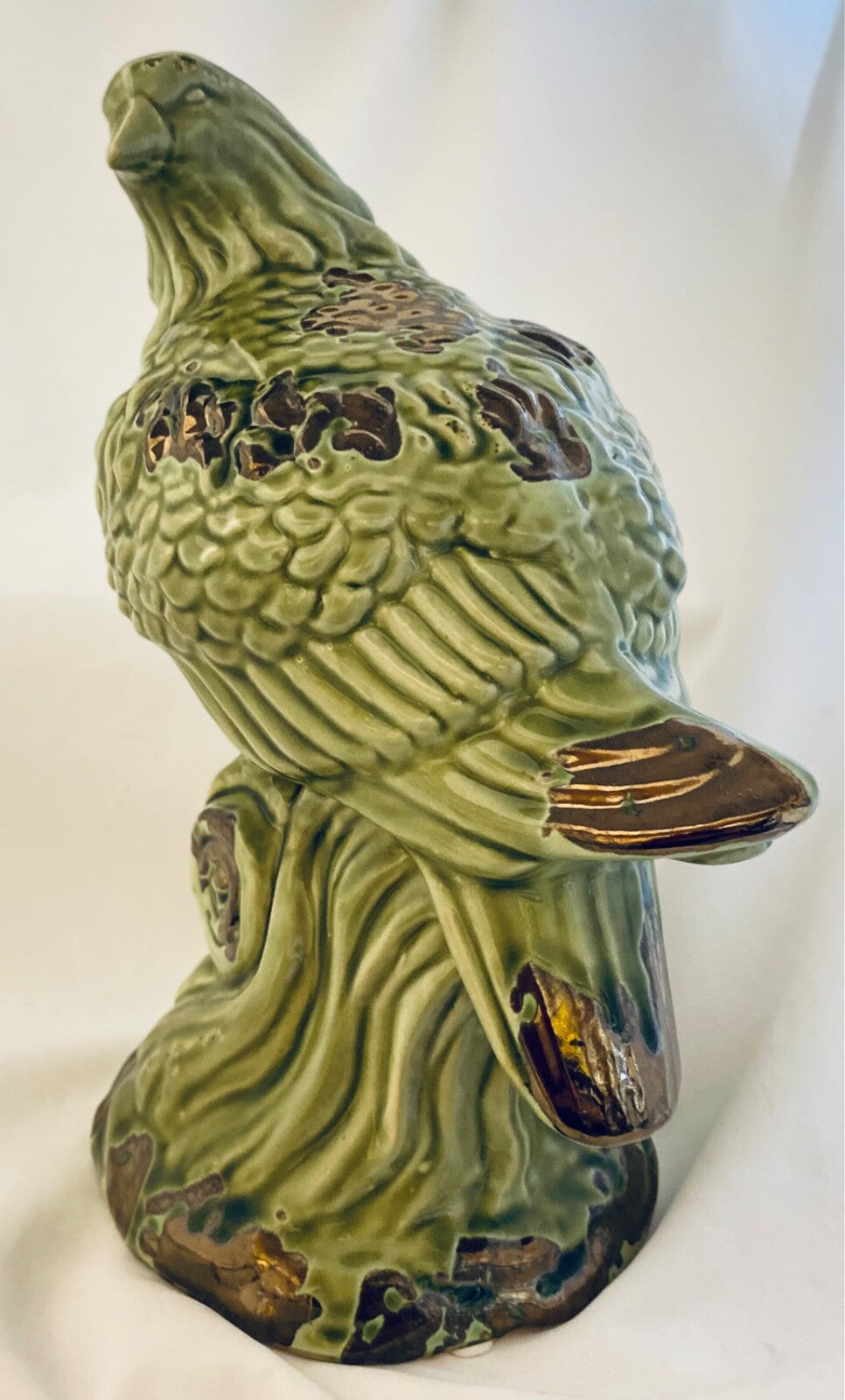 Rustic Green Ceramic Country Bird Perched on Branch Statue Home Decor Accent 10"