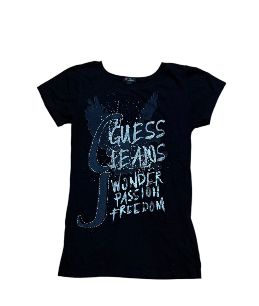 Guess Jeans Women's Black T-Shirt Silver Embellished Wonder Passion Freedom L