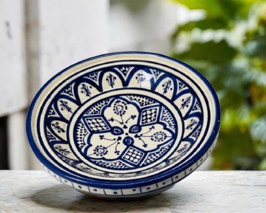 Moroccan Tagine Blue & White Base 7 7/8”D Terracotta Salad Bowl Tajine – No Lid