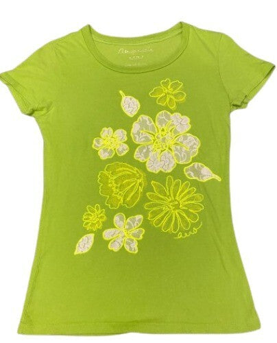 Aeropostale T-Shirt Floral Woman Cotton Top Crew Neck Md. Green Tee
