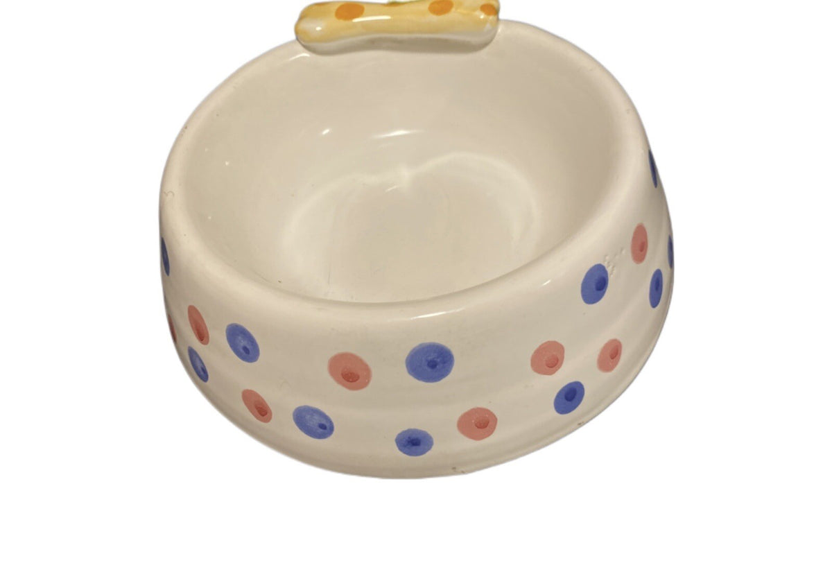 Italian Hand Painted Ceramic Dog Bowl with 3D Bone & Polka Dots | Puppy Dish