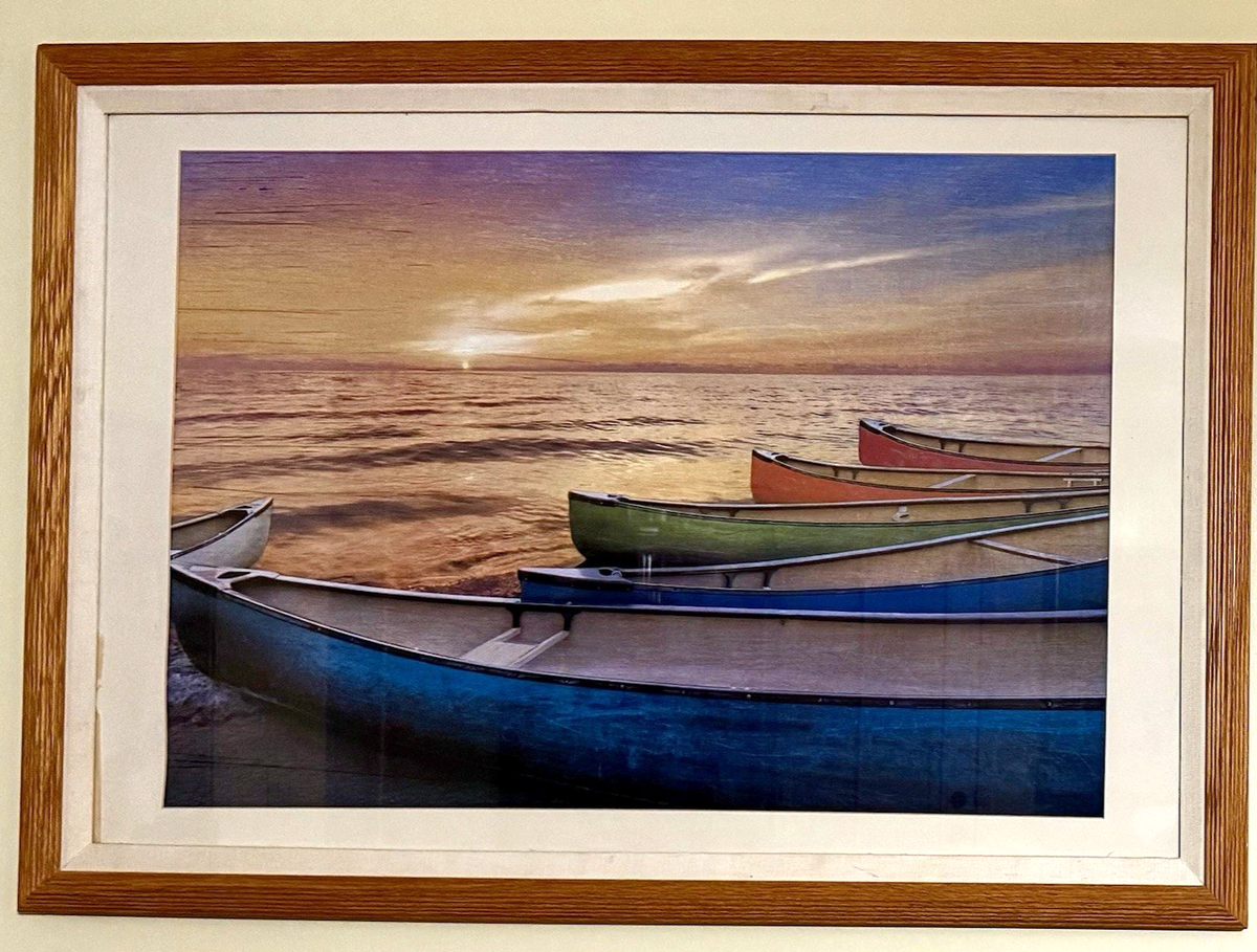 Rainbow Armada Framed Canoe Art Print – Sunset Boats Lake Ocean Wall Decor