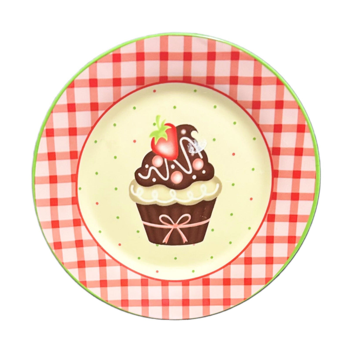 TRISA 4-Dessert Plates Sweets Birthday Cupcake Party Plate Checkered Border 8”D