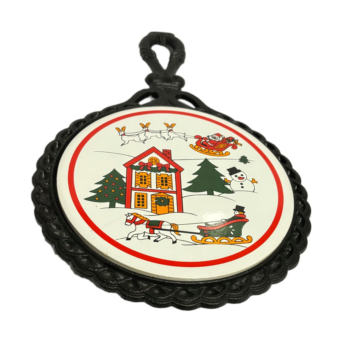Vintage Wrought Iron 2-TRIVET Ceramic Tile Christmas Holiday Wall Hanging Cast