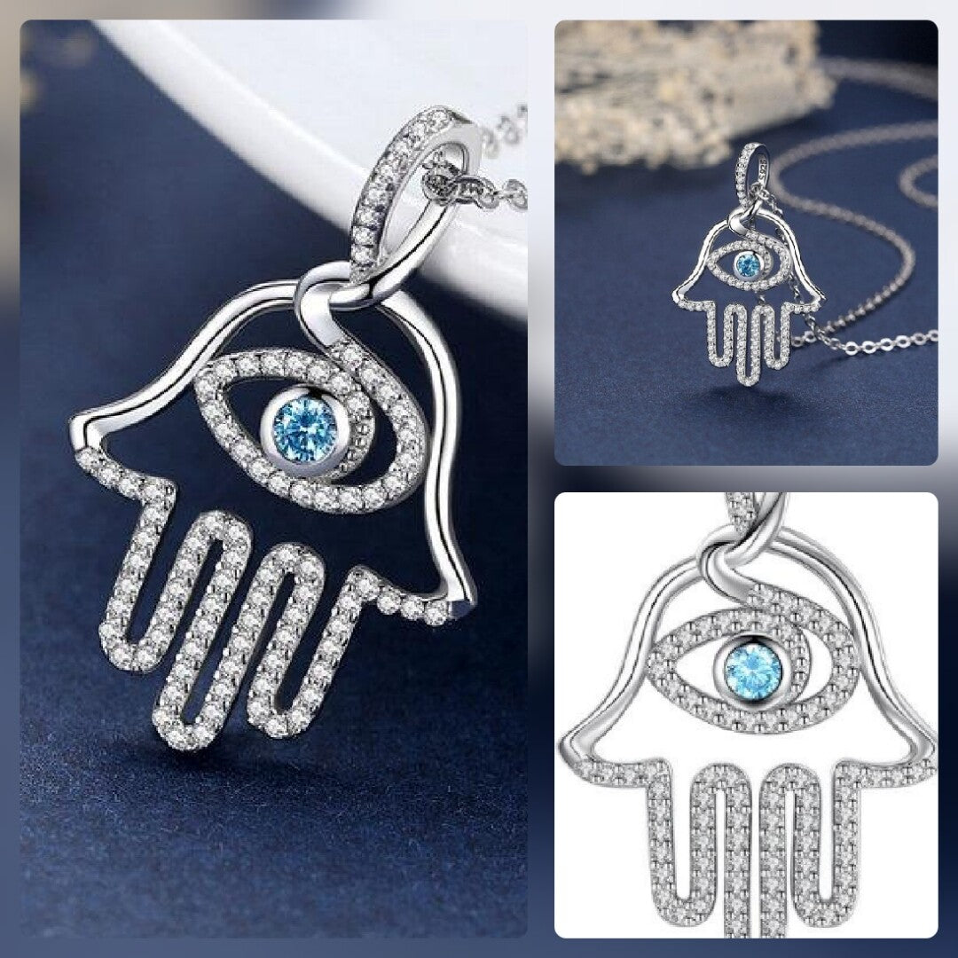 Necklace Charm Hand of Fatima Hamsa Eye Aqua Blue Stone Sterling Silver Khamsa
