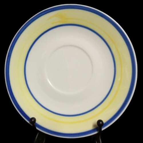 Gibson Designs TAVERNWARE YELLOW 4-Saucers 6 ¾” D Yellow Band Blue Rings Ceramic