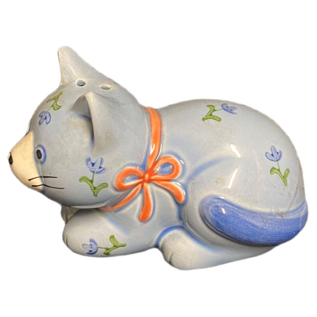 Vintage Otagiri Salt & Pepper Shakers Whimsical Blue Cat & Flowers Ceramic Japan