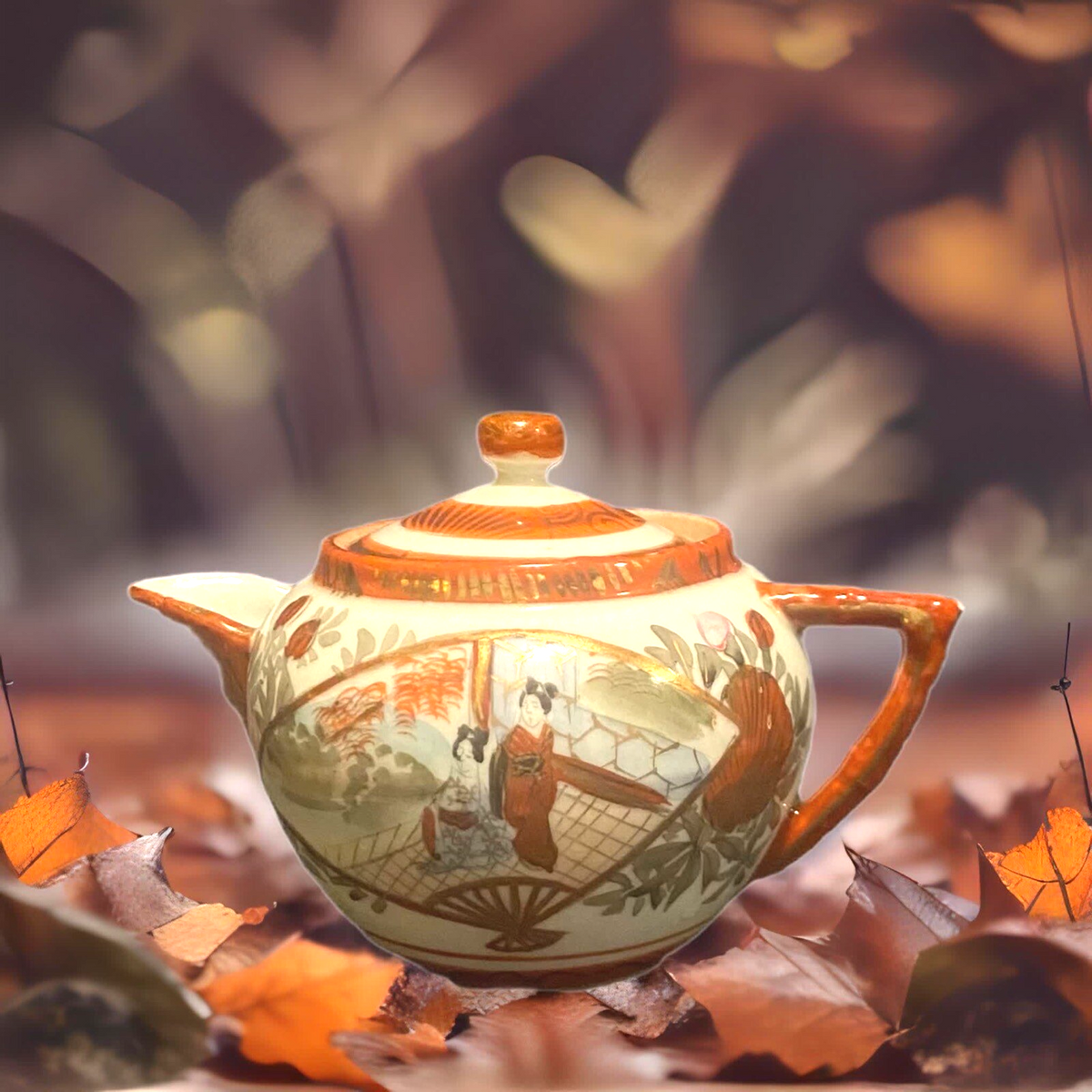 Vintage Japanese Geisha Teapot • Hand Painted Porcelain • Oriental Scene