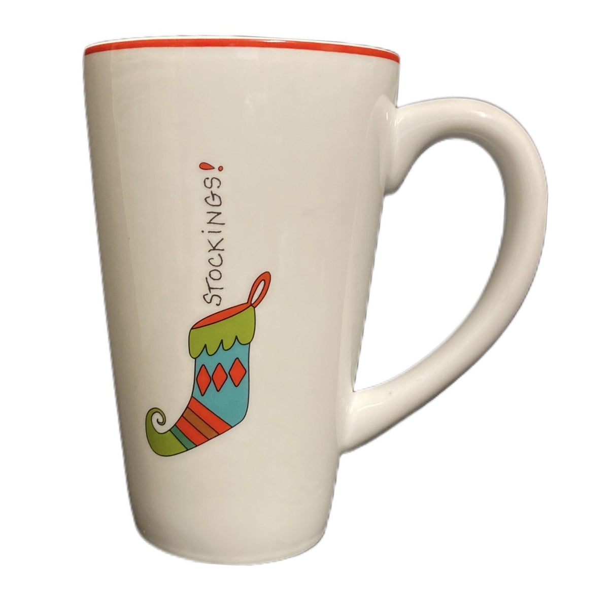Fitz & Floyd HAPPY HOLIDAYS Tall Latte Mug Gourmet Stockings Coffee Tea Cup
