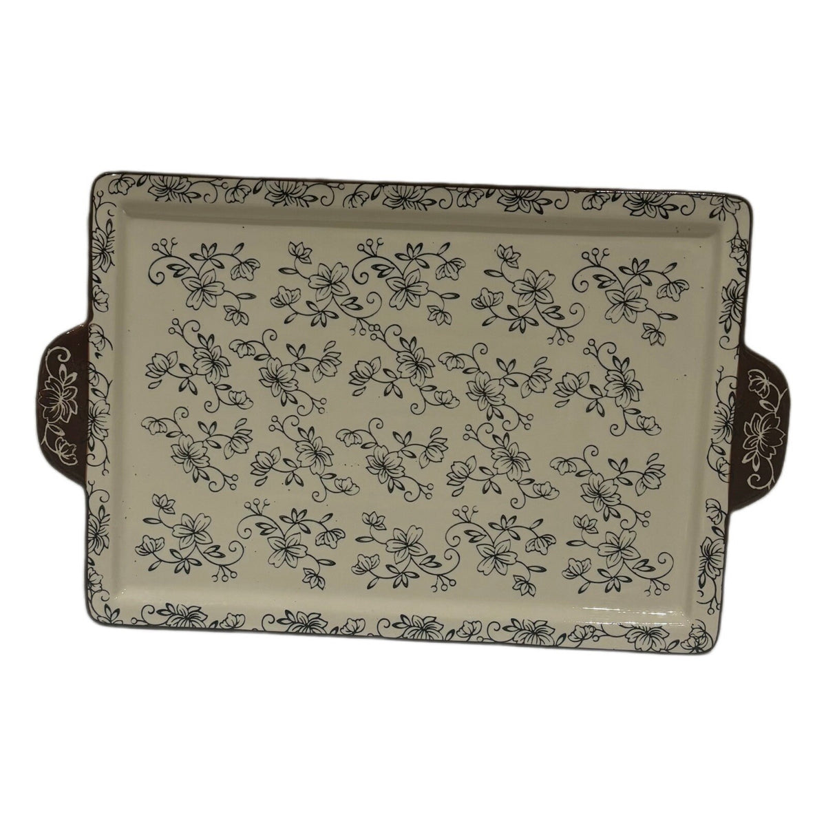 Temp-tations FLORAL LACE Serving Platter Ovenware Tray Burgundy Handles & Border