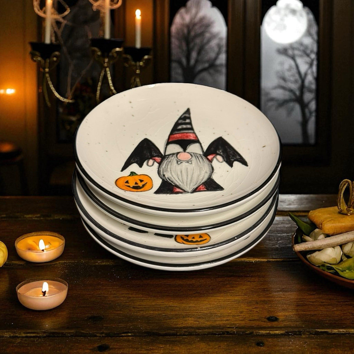 Cobwebs & Cauldrons Halloween Gnome Plates Set of 4 Appetizer Plates 5 7/8”D